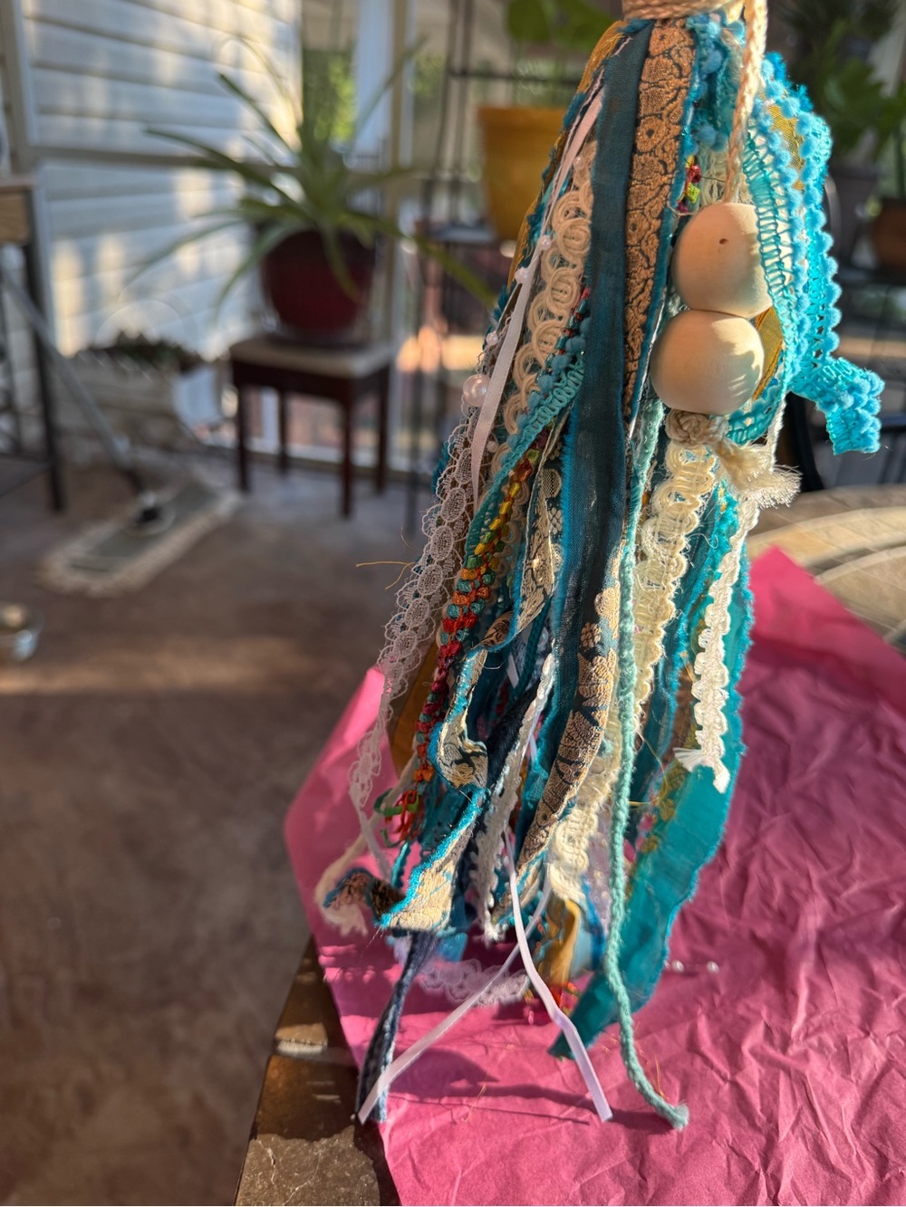 Bohemian Teal and Yellow Fabric Purse/Key Tassel Hanging Accent - Picture 2 of 3